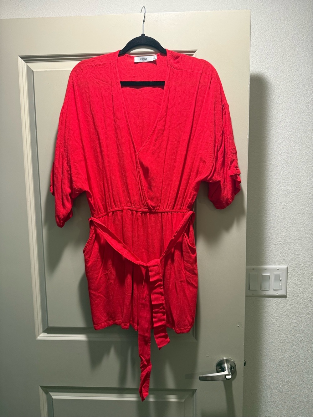 JUSTFAB L Coral Red Kimono Sleeve Belted Surplice Romper
